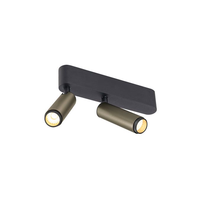 Metal ceiling light fixture with two adjustable spotlights, matte black and olive finish.