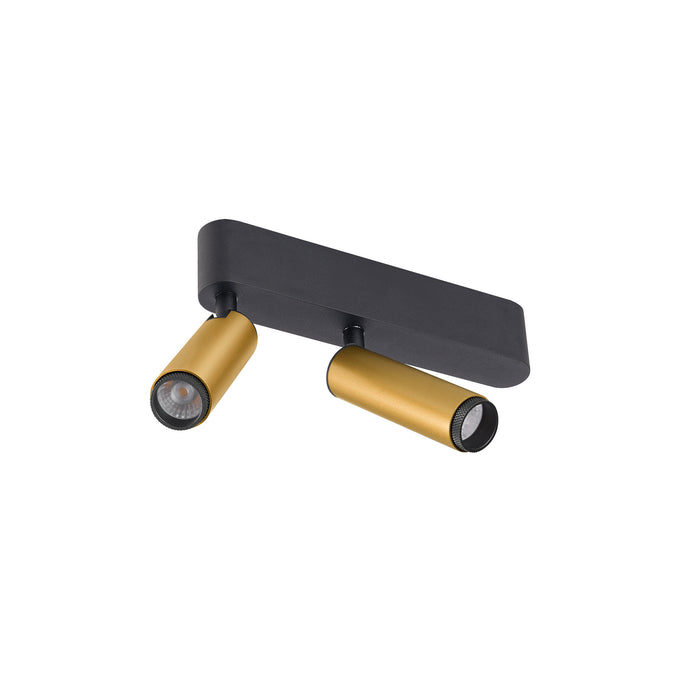 Surface-mounted spotlight with two gold cylinder shades and a black rectangular base.