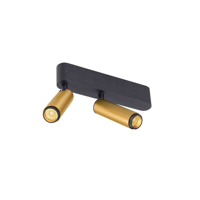 Metal ceiling light fixture with two gold spotlights and a matte black base.