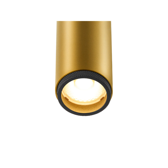 Gold cylinder downlight fixture, metal with matte finish, surface mounted.