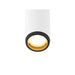 White cylinder surface-mounted light fixture with black trim and gold interior.