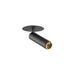 Black metal ceiling-mounted spotlight with gold accent.