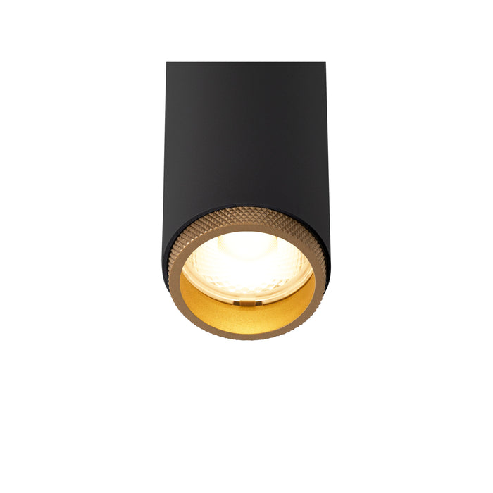 Black and gold recessed cylinder light fixture.