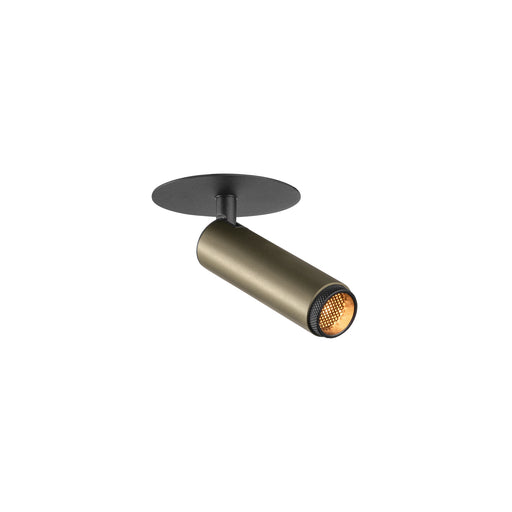 Metal ceiling-mounted spotlight, bronze finish with black base.