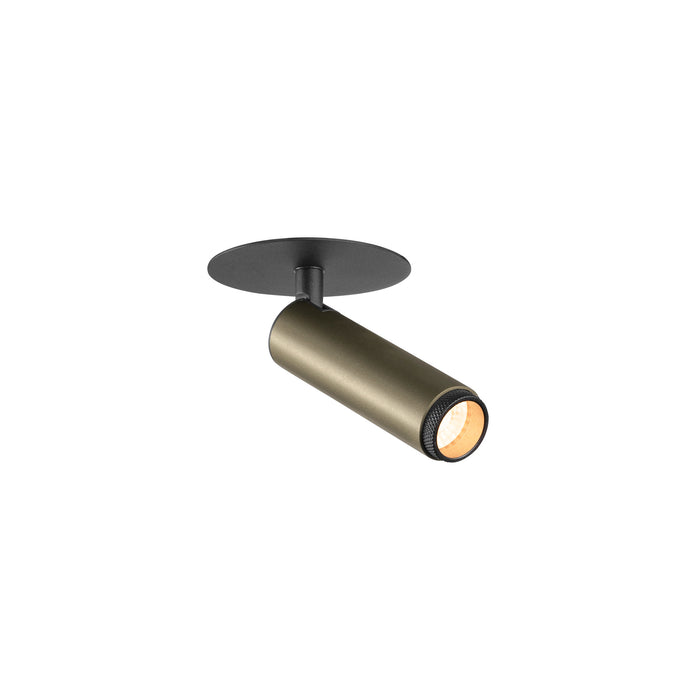 Metal cylinder spotlight, bronze finish, black ceiling mount.