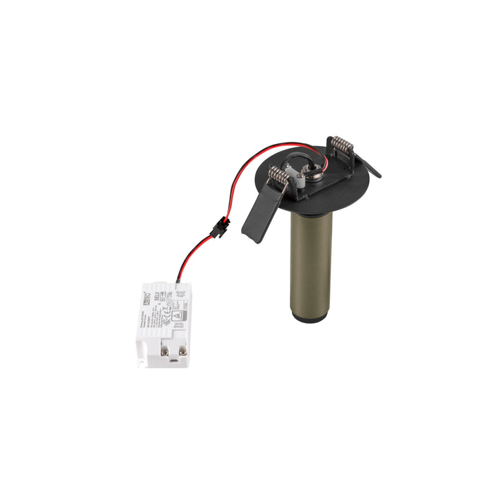 Recessed downlight mounting hardware with transformer, metal, olive green finish.