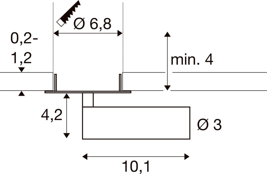 Technical drawing with dimensions for a recessed mounting component.