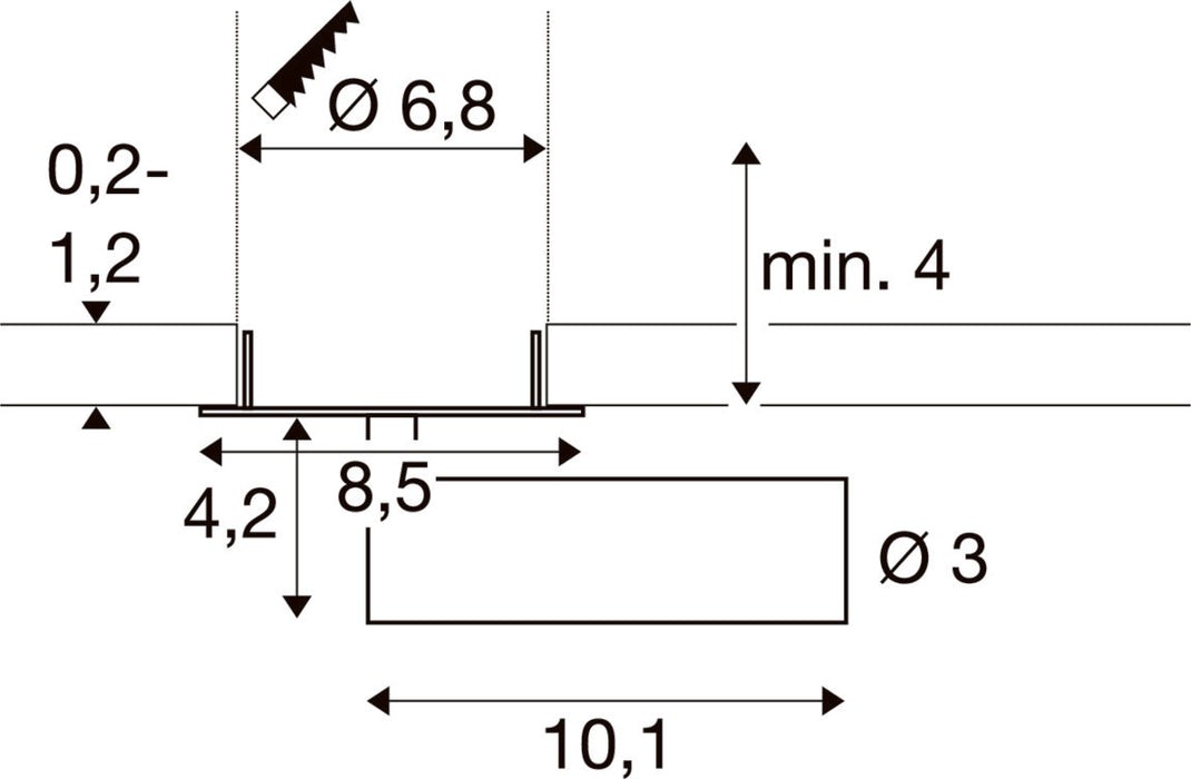 Technical drawing with dimensions for recessed mounting.