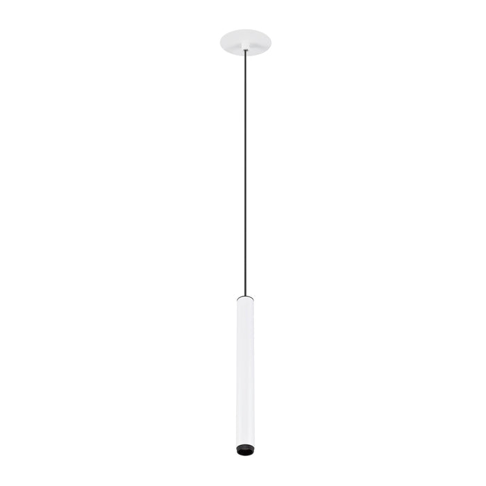 White cylinder pendant light fixture with black accents, ceiling mounted.