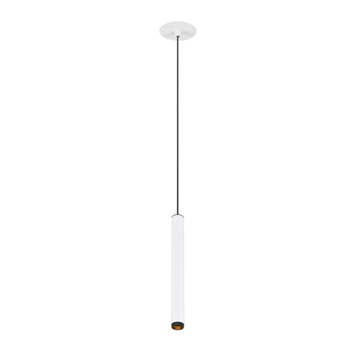 White cylinder pendant light fixture, ceiling mounted.