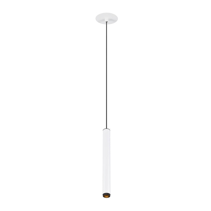 White cylinder pendant light fixture, ceiling mounted.