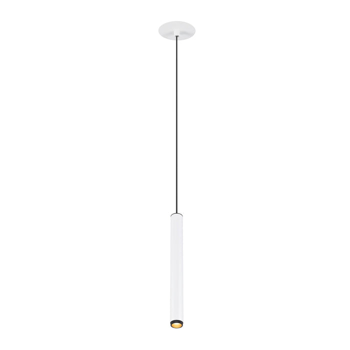 White cylinder pendant light fixture, ceiling mounted.