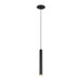 Black cylinder pendant light fixture, metal material, matte finish, ceiling mounted.
