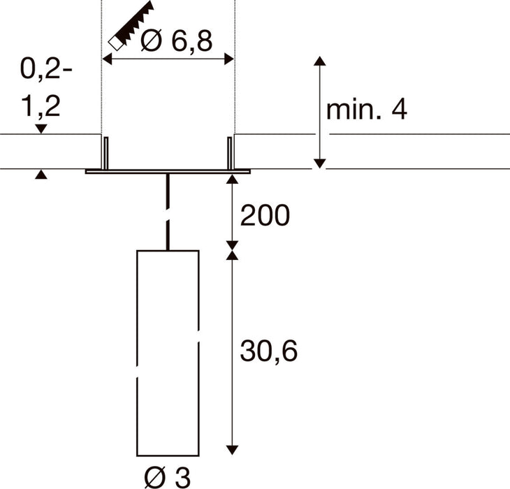 Technical drawing with dimensions for a ceiling-mounted cylindrical fixture.