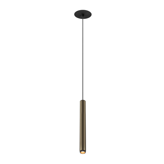 Metal cylinder pendant light, bronze finish, black canopy, ceiling mounted.