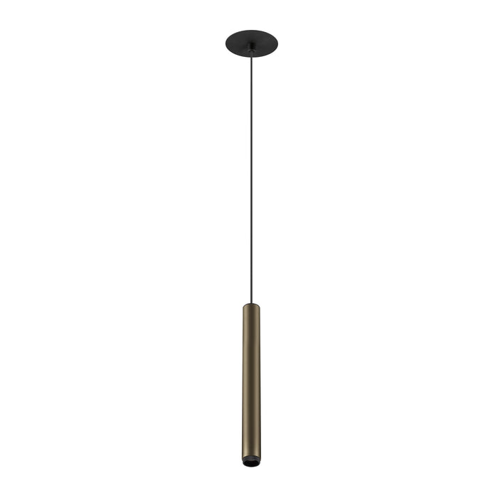 Modern cylinder pendant light, metal with bronze finish, black canopy, ceiling mounted.