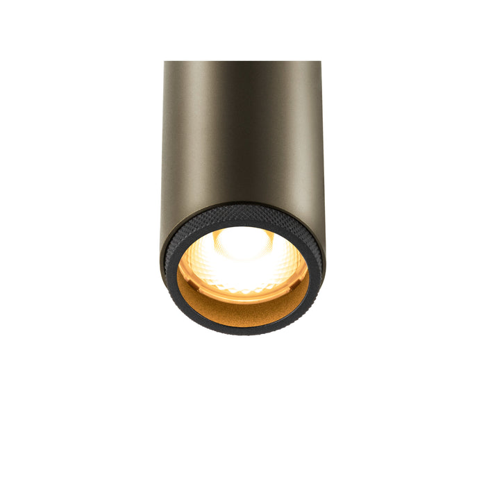 Metal cylinder downlight fixture, bronze finish, ceiling mounted.
