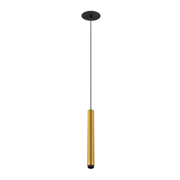 Pendant light fixture, gold cylinder, black canopy, ceiling mounted.