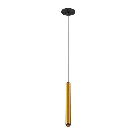 Modern cylinder pendant light, gold finish, ceiling mounted.