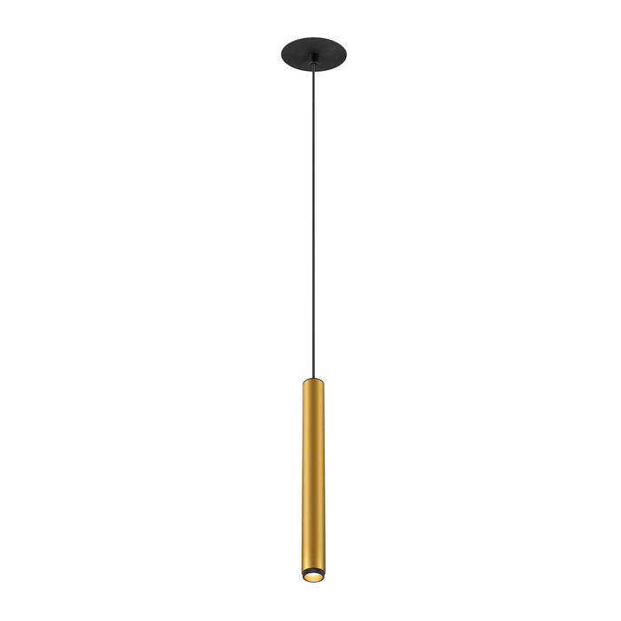 Modern cylinder pendant light, gold finish, ceiling mounted.