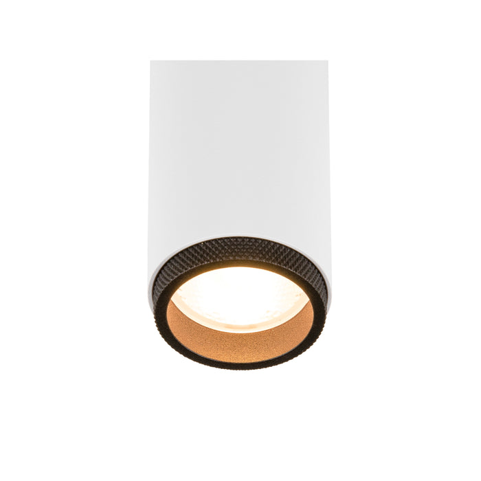 White cylinder surface-mounted light fixture with textured black trim and warm light.