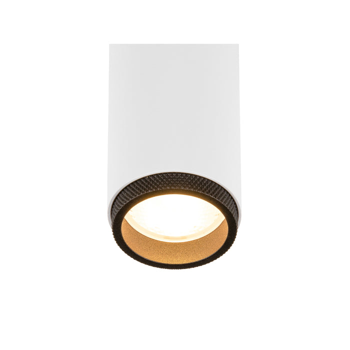 White cylinder surface-mounted light fixture with textured black trim and gold interior.