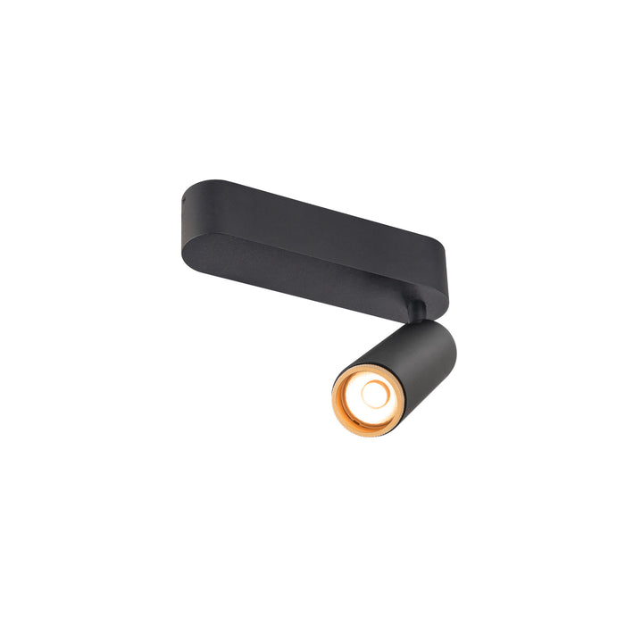 Black metal ceiling-mounted spotlight with adjustable head and gold interior.
