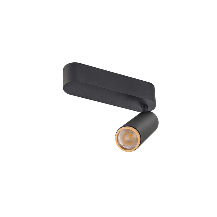 Black metal surface-mounted spotlight with adjustable head.