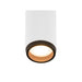 White cylinder surface mounted light fixture with textured black trim.