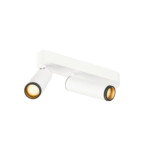 White metal ceiling light fixture with two adjustable spotlights.