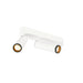 White metal ceiling-mounted spotlight fixture with two adjustable cylinder heads.