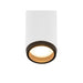 White cylinder surface-mounted light fixture with textured black trim and gold interior.