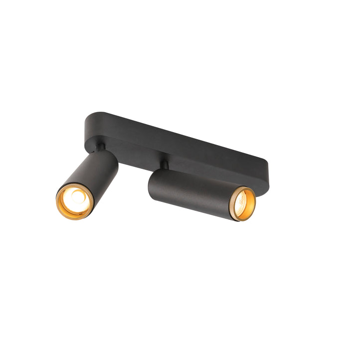 Black metal ceiling-mounted spotlight fixture with two adjustable cylinder heads and gold accents.