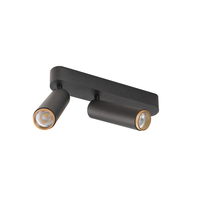 Black metal ceiling-mounted spotlight fixture with two adjustable cylinder heads and gold accents.