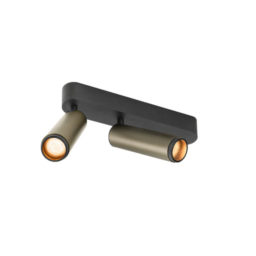 Surface-mounted spotlight with two adjustable heads, metal, matte black and olive green finish.