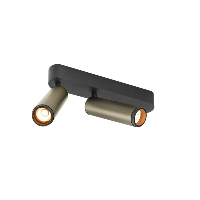 Metal ceiling light fixture with two adjustable spotlights, matte black and olive green finish.