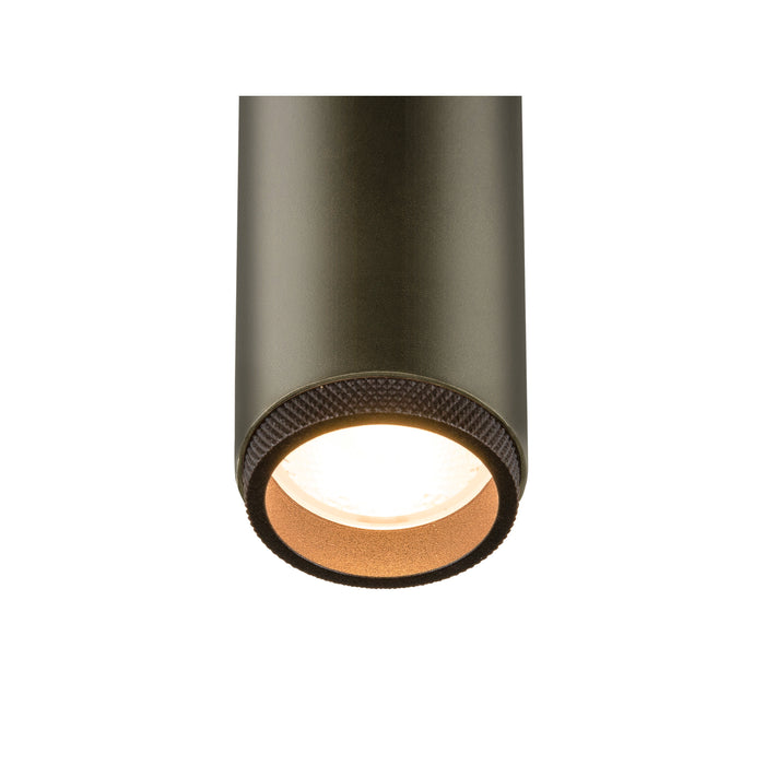 Aluminum cylinder downlight, bronze finish, ceiling mounted.