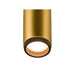 Gold cylinder downlight fixture, aluminum with textured black trim.