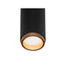 Black cylinder surface-mounted light fixture with textured bronze trim.