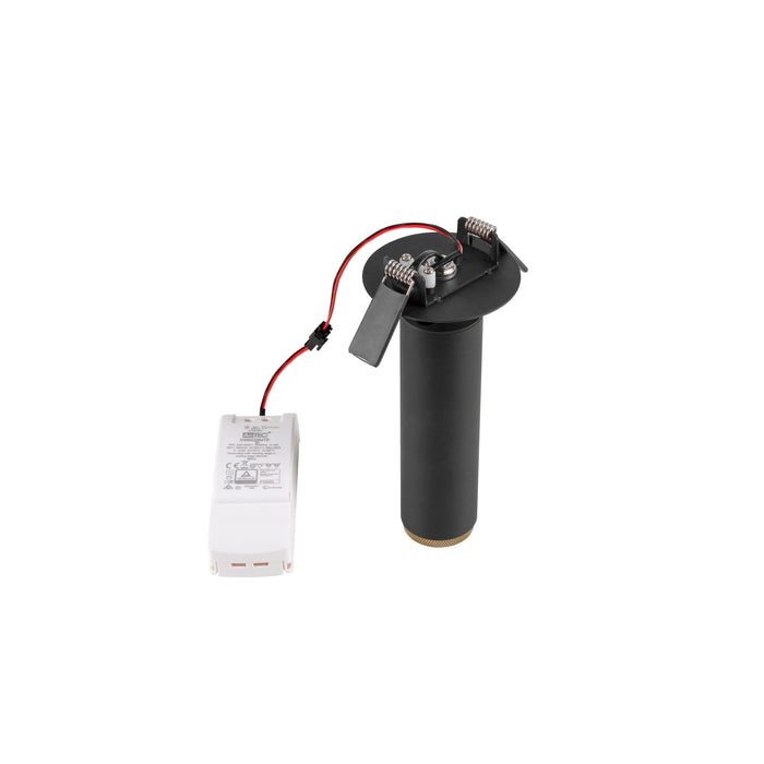 Recessed downlight with black finish, metal construction, spring mounting, and white driver.