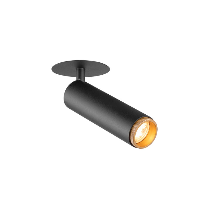Black metal cylinder spotlight with gold trim, matte finish, surface mounted.