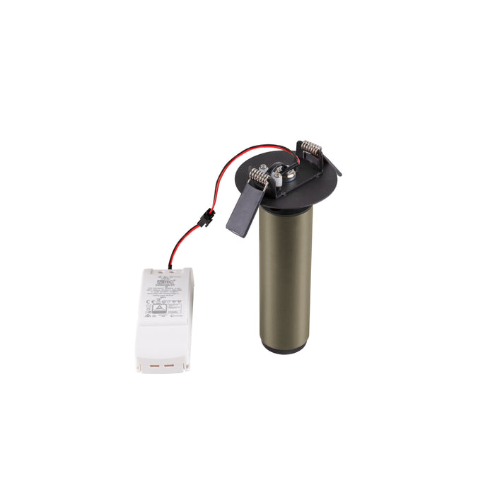 Recessed downlight with bronze cylinder, black mounting plate, and white power supply.