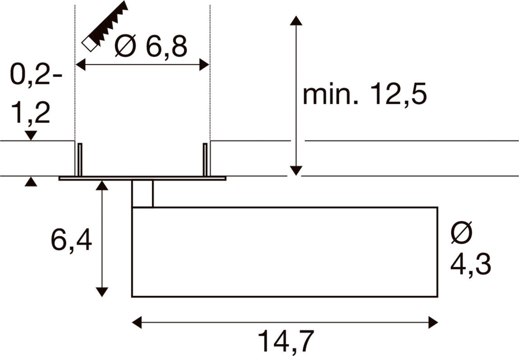 Technical drawing with dimensions for a recessed mount component.