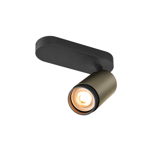 Metal track light fixture, matte black and bronze finish, surface mounted.