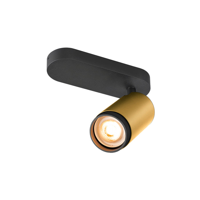 Surface-mounted spotlight with a black base and gold cylindrical head, likely metal.