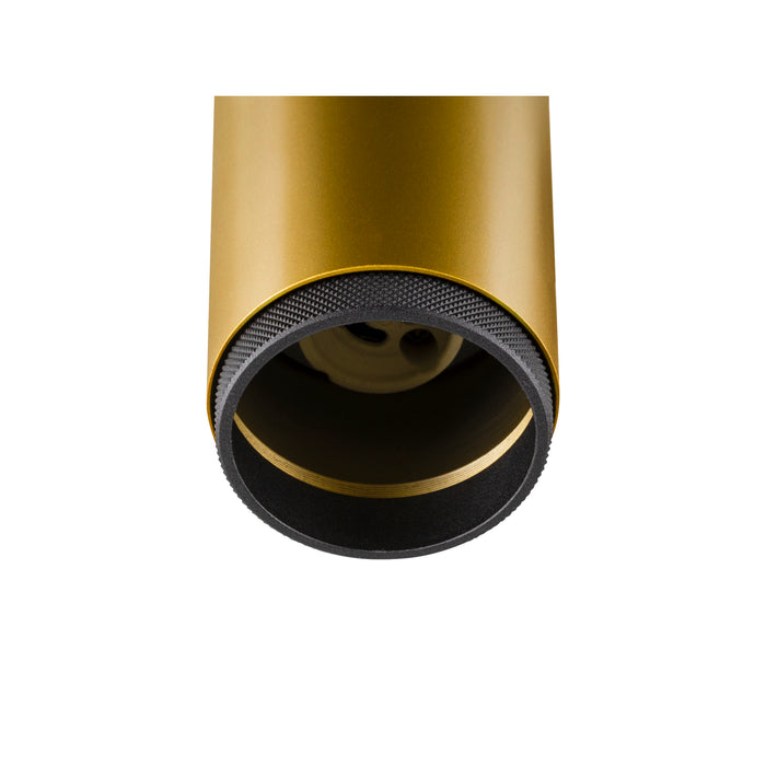 Metal downlight fixture, gold finish with black trim, ceiling mounted.