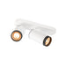 White metal ceiling light fixture with two adjustable spotlights.