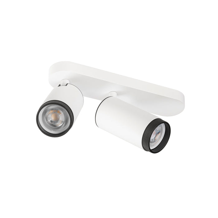 White metal track light fixture with two adjustable spotlights and a matte finish.