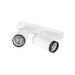 White metal track light fixture with two adjustable spotlights and a matte finish.