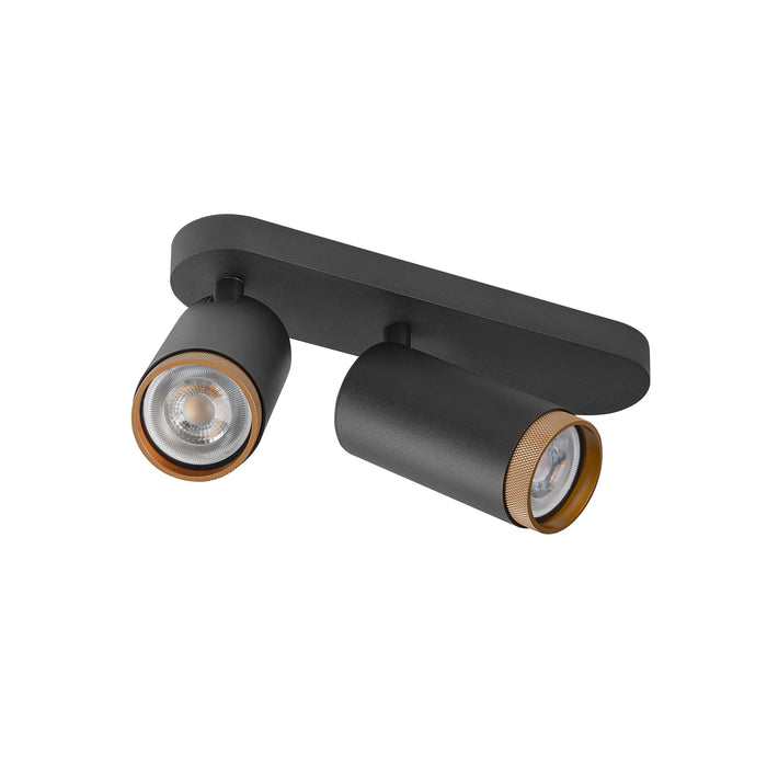 Black metal track light fixture with two adjustable spotlights and gold accents.